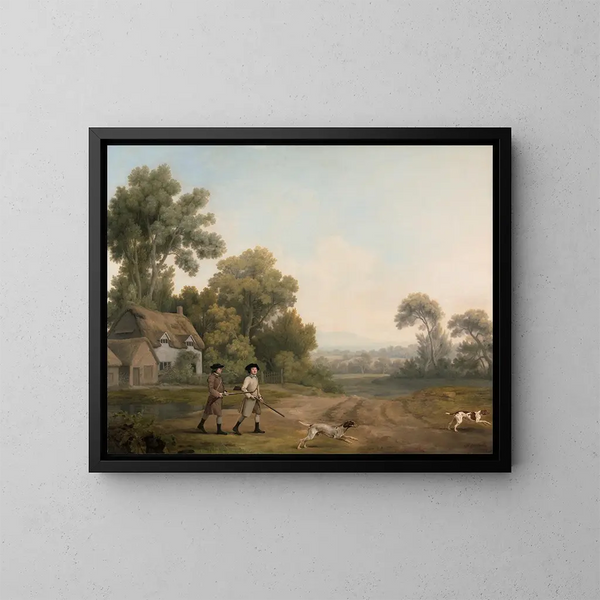 Due gentiluomini in caccia con vista sui Creswell Crags catturata dal vivo - George Stubbs — quadro incorniciato alla parete