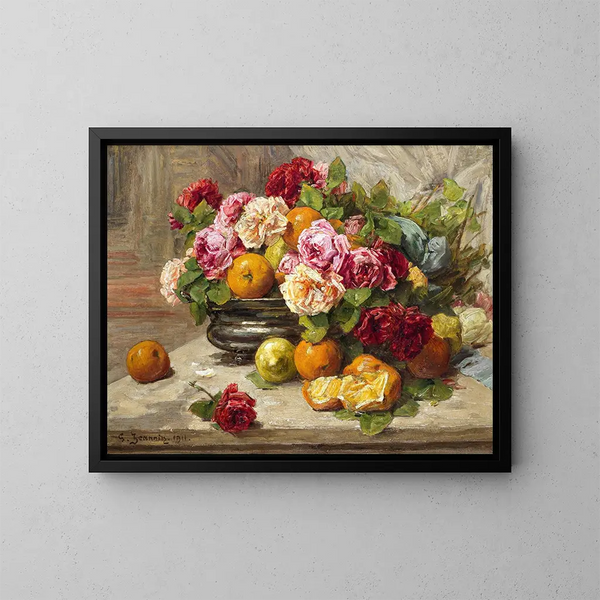 Nature morte di rose e di frutta - Georges Jeannin — quadro incorniciato alla parete