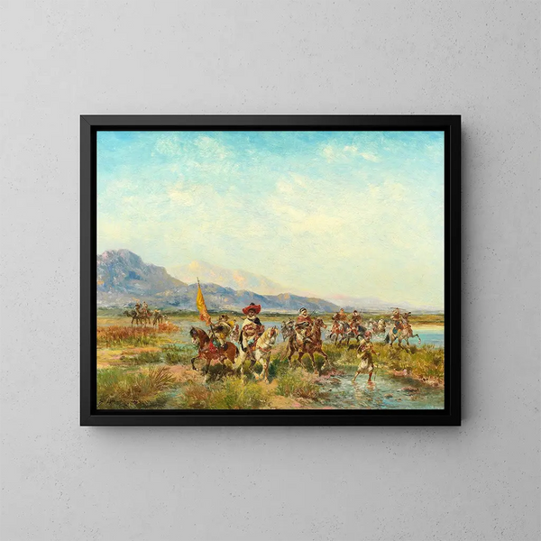 Cavalli che attraversano un fiume - Georges Washington — quadro incorniciato alla parete