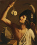 Un giovane uomo che tiene una candela accesa e una bottiglia di formaggio scamorza accanto a lui - Gerard van Honthorst — vista dell’opera