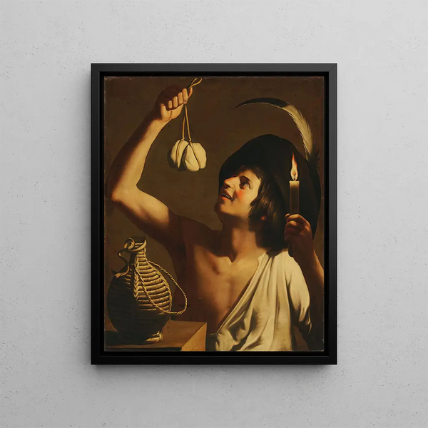 Gerard van Honthorst - A young man holding a burning candle and a scamorza cheese a fiasco bottle beside him.webp