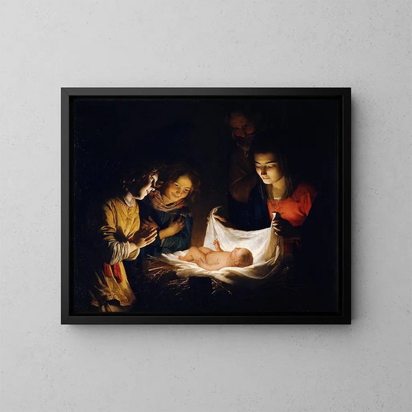 Adorazione del Bambino - Gerard van Honthorst — quadro incorniciato alla parete
