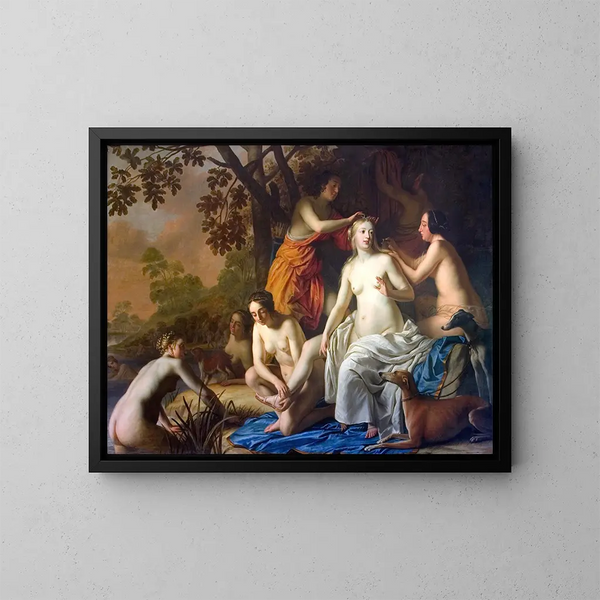 Diane e le sue ninfe - Gerard van Honthorst — quadro incorniciato alla parete