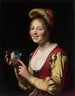 Fille sorridente, una cortigiana che tiene un'immagine oscena - Gerard van Honthorst — vista dell’opera