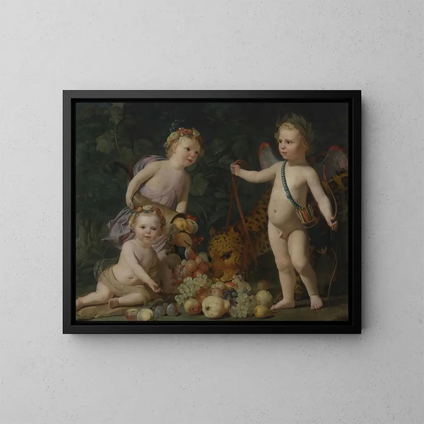 Tre bambini con frutta e un giaguaro - Gerard van Honthorst — quadro incorniciato alla parete