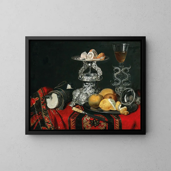 Nature morte con un bicchiere veneziano, un contenitore in argento e limoni - Scuola tedesca — quadro incorniciato alla parete