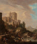 Dei pastori che abbeverano le loro capre e i loro bovini ai margini di un fiume con viaggiatori che attraversano un ponte davanti a una città fortificata su una collina - Scuola tedesca — vista dell’opera