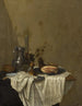 Natura morta con una brocca in stagno, bicchieri e un prosciutto insieme su un tavolo coperto da una tovaglia bianca - Gerrit van Vucht — vista dell’opera