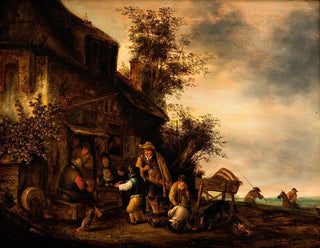 Gert van Hens - Scene with a hurdygurdy player and a boy violinist outside a tavern.webp