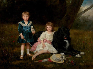 Geza Vastagh - A portrait of two children with their favorite dog in a flowering landscape.webp