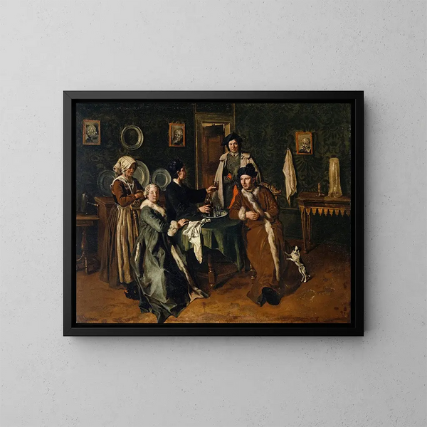 Ritratto di una famiglia riunita intorno a un tavolo - Giacomo Ceruti — quadro incorniciato alla parete