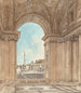 La place Saint-Pierre vista attraverso un arco della basilica - Giacomo Quarenghi — vista dell’opera