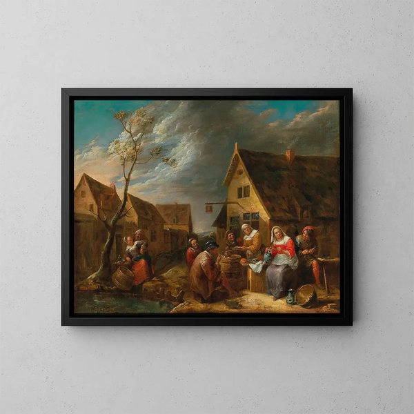 Una allegra compagnia di contadini davanti a una taverna - Gillis van Tilborgh — quadro incorniciato alla parete