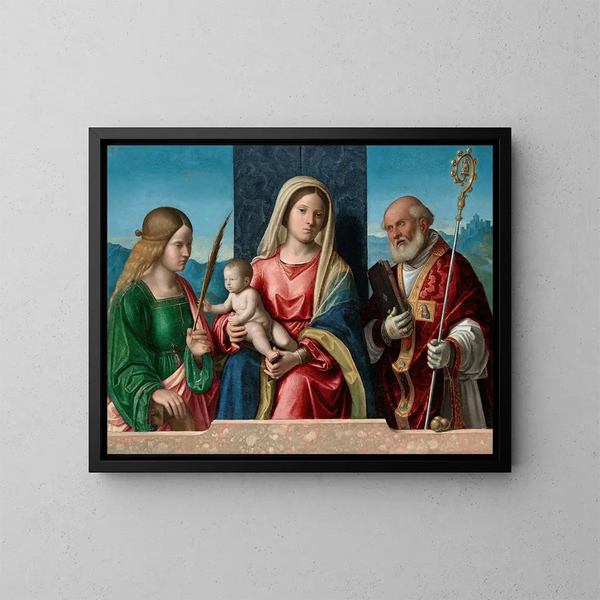 Vergine con Bambino e i santi Caterina e Nicola - Giovanni Battista Cima da Conegliano — quadro incorniciato alla parete