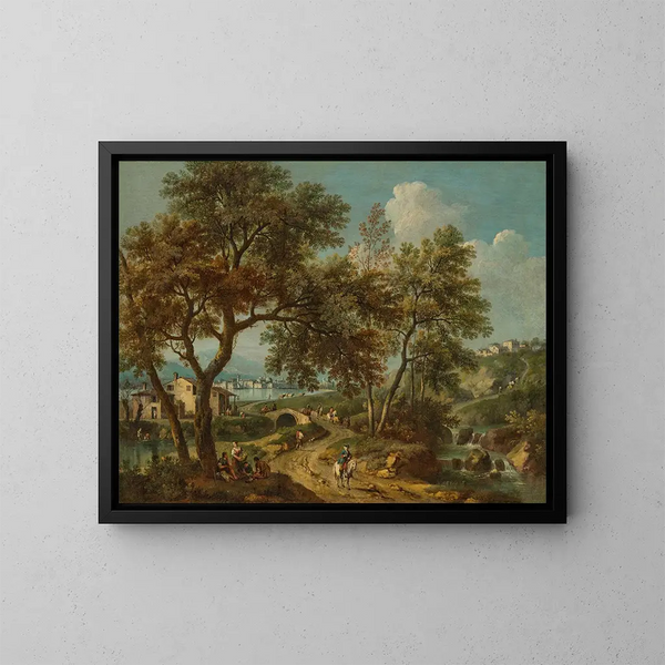 Un paesaggio all'italiana con vista sul lago di Garda e Salò in lontananza, con personaggi su un ponte - Giovanni Battista Cimaroli — quadro incorniciato alla parete