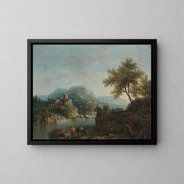 Paesaggio fluviale con figure e un asino - Giovanni Battista Cimaroli — quadro incorniciato alla parete