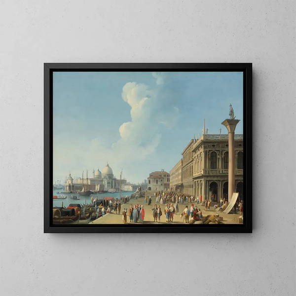 Venezia, vista dalla Piazzetta verso ovest, in direzione della Dogana e di Santa Maria della Salute, con la Zecca, la Biblioteca Sansoviniana e la colonna di San Teodoro - Giovanni Battista Cimaroli — quadro incorniciato alla parete