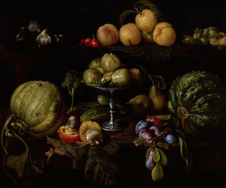 Giovanni Battista Crescenzi - Figs on a Tazza with Pears Quinces Melons Plums Mushrooms on a Table with Figs Cherries Peaches and Acorns on a Ledge Above.webp