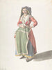 Giovane donna in piedi in abito tradizionale napoletano – Giovanni Battista Lusieri — donna con abito rosso, gonna blu, grembiule verde e velo scuro