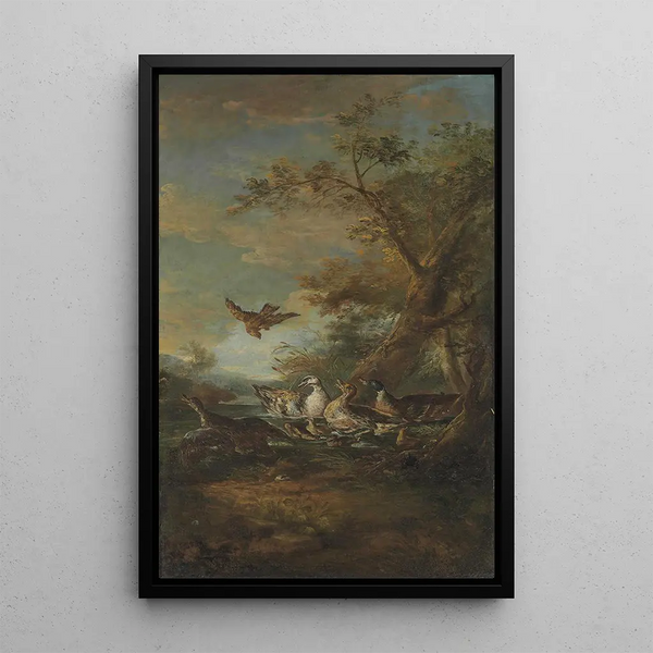 Un oiseau de proie, canards et canetons dans un paysage - Giovanni Crivelli — quadro incorniciato alla parete