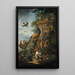 Un paon, coqs, poules et autres oiseaux avec un paysage au-delà - Giovanni Crivelli — quadro incorniciato alla parete