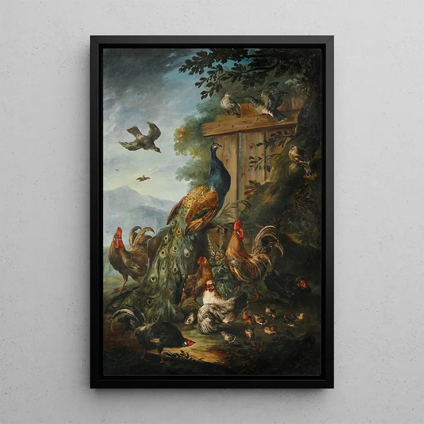 Un paon, coqs, poules et autres oiseaux avec un paysage au-delà - Giovanni Crivelli — quadro incorniciato alla parete