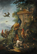 Un paon, coqs, poules et autres oiseaux avec un paysage au-delà - Giovanni Crivelli — vista dell’opera