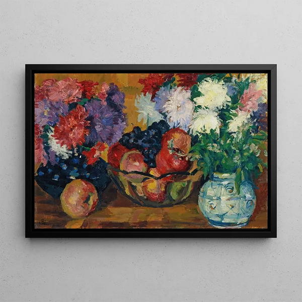 Nature morte con anemoni, mele e uva - Giovanni Giacometti — quadro incorniciato alla parete