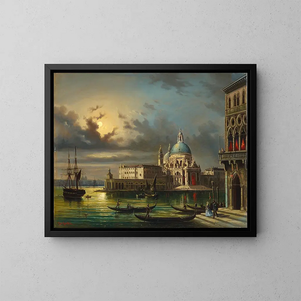 La Punta della Dogana e Santa Maria della Salute a Venezia al chiaro di luna - Giovanni Grubacs — quadro incorniciato alla parete