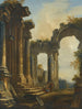 Un capriccio di rovine classiche con tre uomini che conversano sui gradini di un tempio - Giovanni Niccolò Servandoni — vista dell’opera