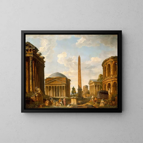 Roman Caprice: Il Pantheon e altri monumenti - Giovanni Paolo Panini — quadro incorniciato alla parete