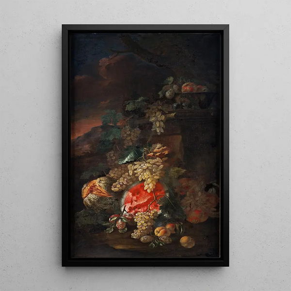Nature morte di frutti con un paesaggio sullo sfondo - Giovanni Paolo Spadino — quadro incorniciato alla parete