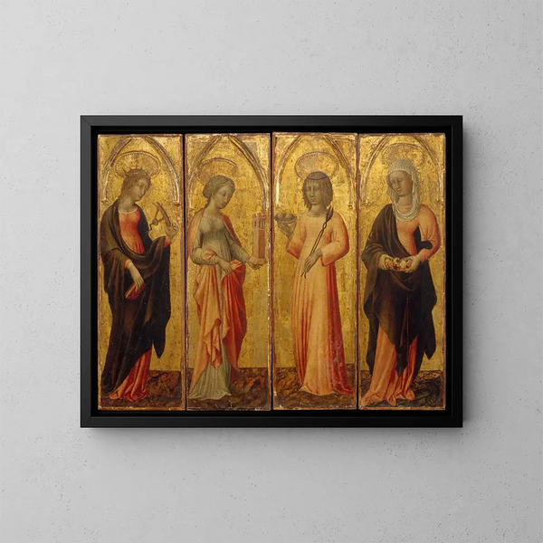 Sainte Catherine d'Alexandrie, Sainte Barbara, Sainte Agathe et Sainte Marguerite - Giovanni di Paolo — quadro incorniciato alla parete