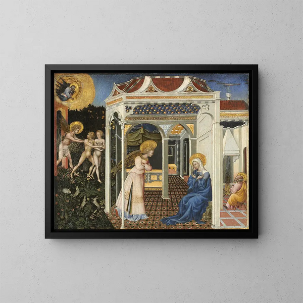 L'Annunciazione e l'Esilio dal Paradiso - Giovanni di Paolo — quadro incorniciato alla parete