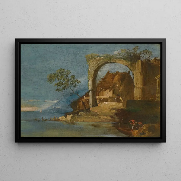 Un paesaggio fluviale capriccioso con figure in una barca in primo piano - Giuseppe Bernardino Bison — quadro incorniciato alla parete