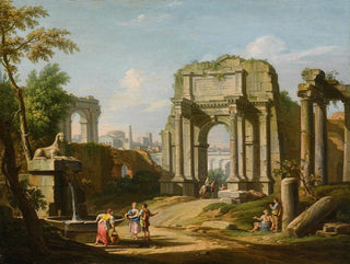 Giuseppe Zocchi - Architectural Capriccio With Ancient Ruins A Sphinx And Figures By A Fountain.webp