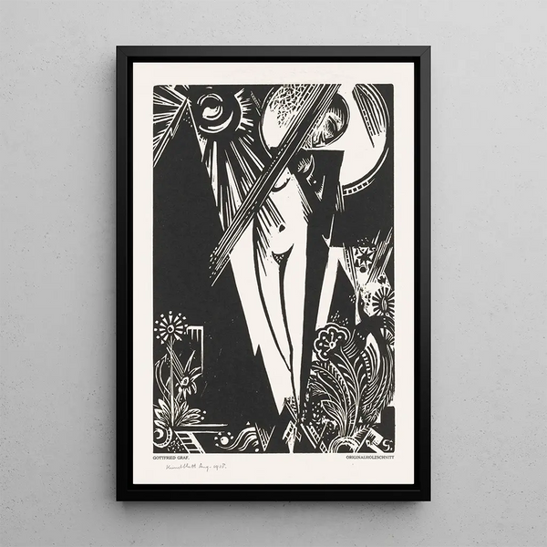 Gottfried Graf - Staande vrouw zon maan en bloemen.webp