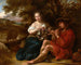Bergère elegante che ascolta un pastore suonare il flauto in un paesaggio arcadico - Govert Flinck — vista dell’opera