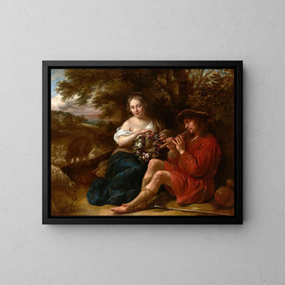 Govert Flinck - Elegant Shepherdess Listening to a Shepherd Playing the Recorder in an Arcadian Landscape.webp