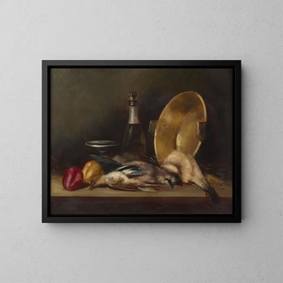 Graciano Mendilaharzu - Oiseaux fruits bouteille de champagne et bassine en cuivre sur un entablement.webp