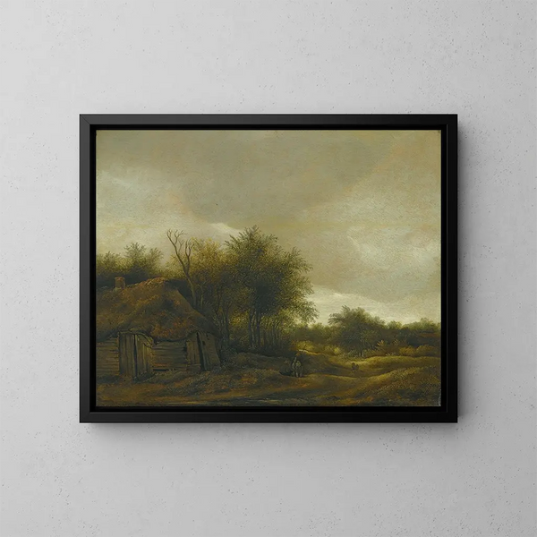 Un paesaggio di dune con figure su un sentiero sabbioso vicino a un cottage - Guillam Dubois — quadro incorniciato alla parete