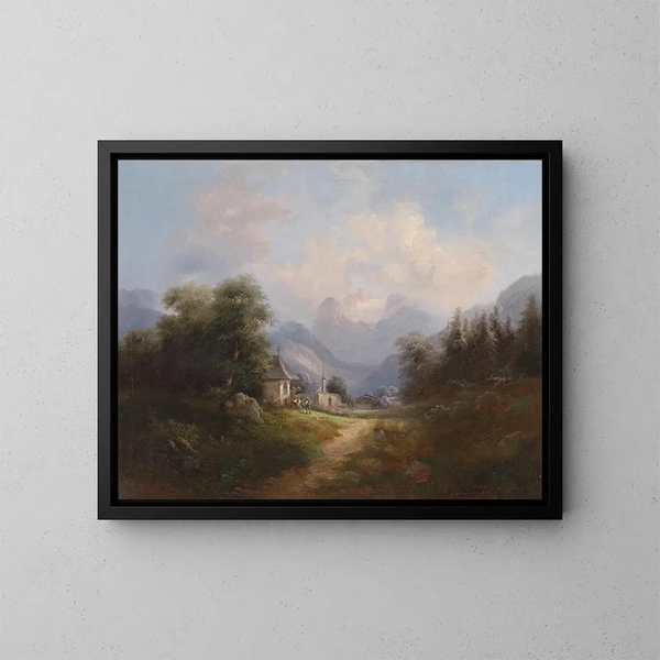 Vallée di montagna con figure - Gustav Barbarini — quadro incorniciato alla parete