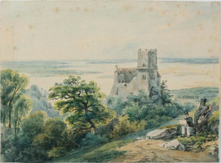 Gustav Barbarini - Landschaft am Meer mit Blick auf eine Ruine.webp