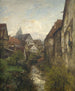 Una parte della vecchia città di Esslingen al livello delle fosse della città con le due torri della chiesa della città sullo sfondo - Gustav Schönleber — vista dell’opera