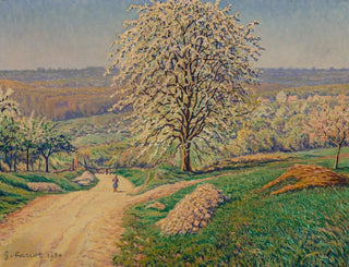 Gustave Cariot - An extensive landscape with a figure walking on a road.webp