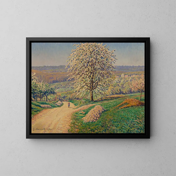 Un vasto paesaggio con una figura che cammina su una strada - Gustave Cariot — quadro incorniciato alla parete