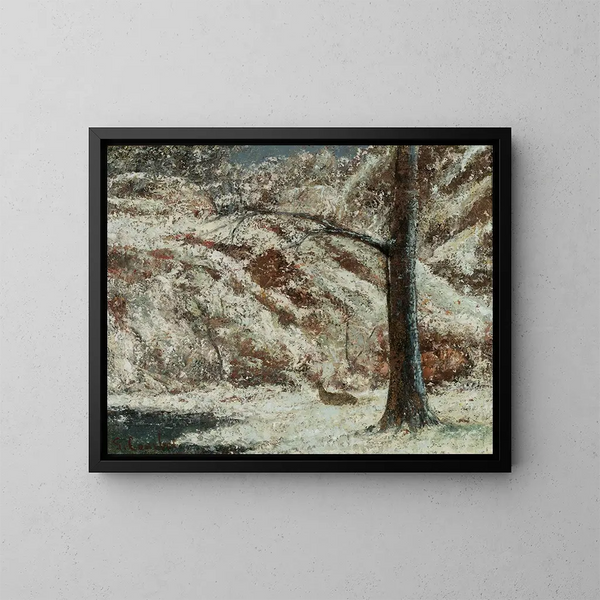 Cervo nella neve in foresta - Gustave Courbet — quadro incorniciato alla parete
