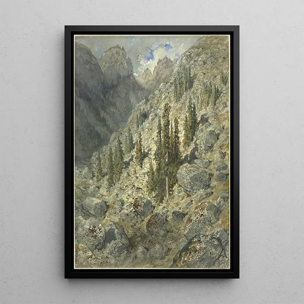 Una valle alpina con alberi e rocce - Gustave Doré — quadro incorniciato alla parete