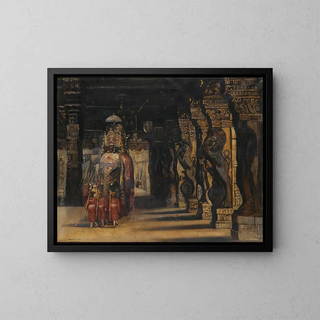 Processione indiana con elefante - Gyula Tornai — quadro incorniciato alla parete