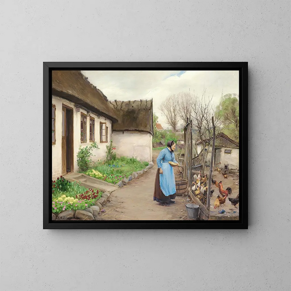 di mucche che nutrono un uomo davanti a una fattoria imbiancata a calce in un pomeriggio autunnale - Hans Andersen Brendekilde — quadro incorniciato alla parete
